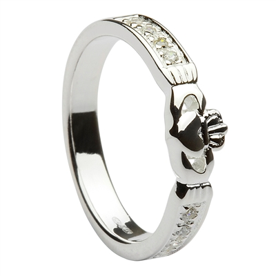 Sterling Silver Ladies Stone Set CZ Claddagh Ring 5mm