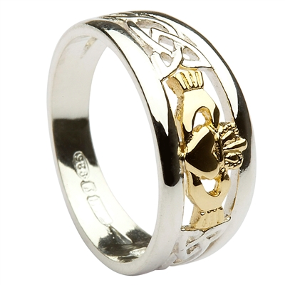 Sterling Silver Celtic Claddagh Ring With 10k Yellow Gold Centre