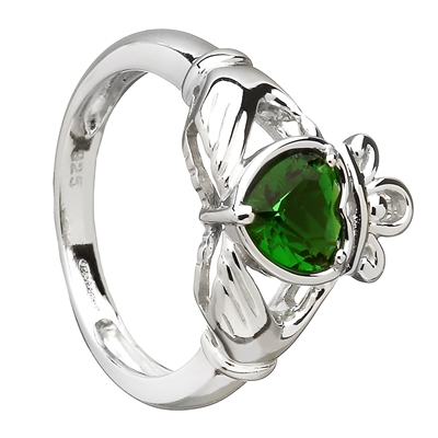 Sterling Silver Green CZ Ladies Claddagh Ring 11mm