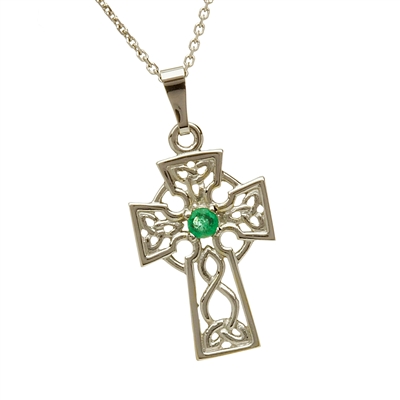 10k White Gold Small Emerald Celtic Cross 21mm