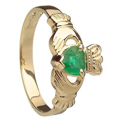 10k Yellow Gold Emerald Heart Ladies Claddagh Ring 9mm