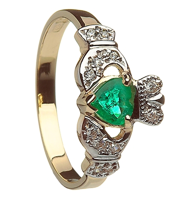 10k Yellow Gold Emerald Heart CZ Ladies Claddagh Ring 11mm