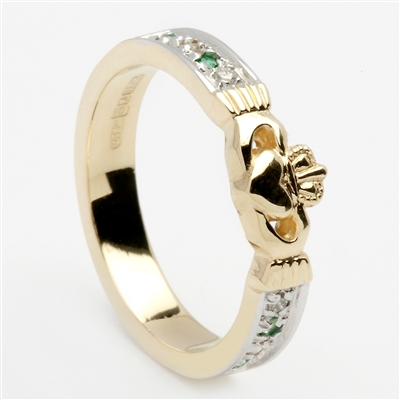 10k Yellow Gold Emerald & Diamond Ladies Claddagh Ring 5mm