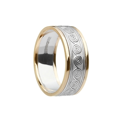 Sterling Silver & 10k Yellow Gold Men's Celtic Spirals Wedding Ring 8.2mm