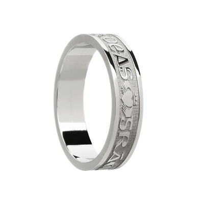 10k White Gold "Gra, Dilseacht, Cairdeas" (Love, Loyality, Friendship) Ladies Celtic Wedding Ring 5.2mm
