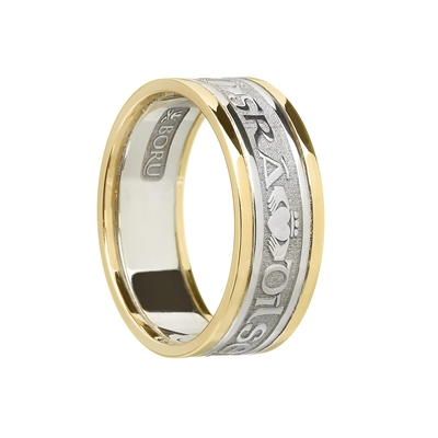 Sterling Silver & 10k White Gold Ladies "Gra Dilseacht Cairdeas" (Love Loyalty Friendship) Ladies Celtic Wedding Ring 8.7mm