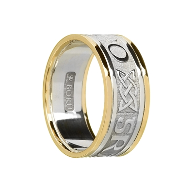 Sterling Silver & 10k White Gold "Gra Go Deo" (Love Forever) Men's Celtic Wedding Ring 9.9mm