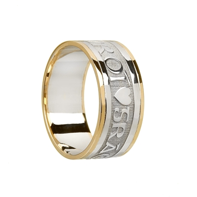 Sterling Silver & 10k White Gold "Gra Geal Mo Chroi" (Bright Love of my Heart) Men's Celtic Wedding Ring 9.9mm