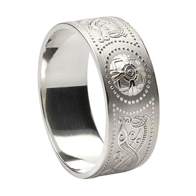 10k White Gold Extra Wide Warrior Shield Men's Celtic Wedding Ring 9mm