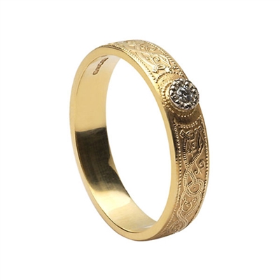 10k Yellow Gold Diamond Warrior Shield Ladies Celtic Wedding Ring 4.4mm