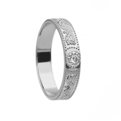 10k White Gold Diamond Warrior Shield Ladies Celtic Wedding Ring 4.4mm