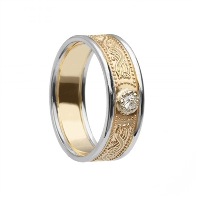 10k Yellow Gold Diamond Narrow Warrior Shield Ladies Celtic Wedding Ring 6.9mm