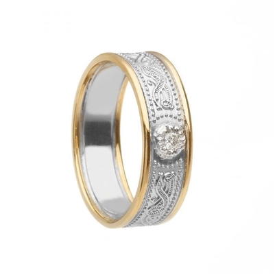 10k White Gold Diamond Narrow Warrior Shield Ladies Celtic Wedding Ring 6.9mm