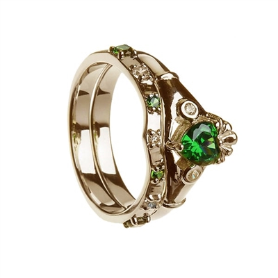 14k Yellw Gold Green & White CZ Claddagh Ring Wedding Ring Set