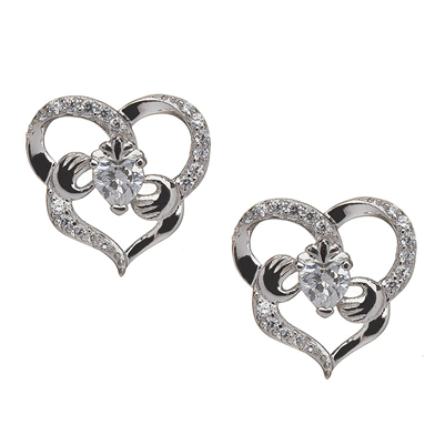 Sterling Silver Heart Shaped CZ Claddagh Earrings