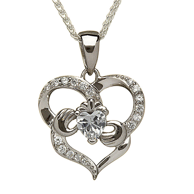 Sterling Silver Heart Shaped CZ Claddagh Pendant