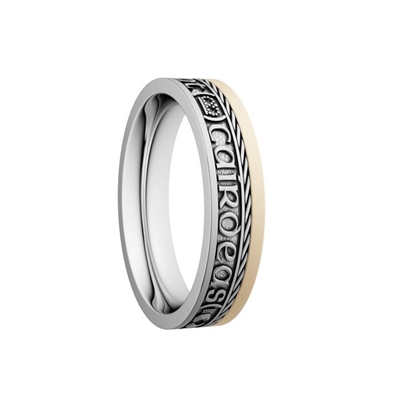 Sterling Silver & 10k Yellow Gold Ladies Narrow Oxidized "Gra, Dilseacht, Cairdeas" Dual Celtic Designs Wedding Ring 5.2mm