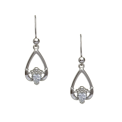 14k White Gold April Cubic Zirconia Birthstone Claddagh Earrings