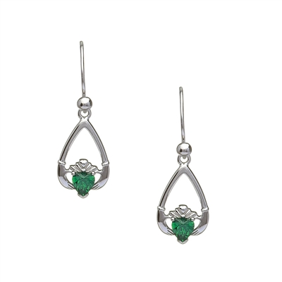 10k White Gold May Emerald Birthstone Claddagh Earrings