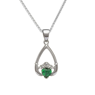 Sterling Silver May Emerald Claddagh Birthstone Pendant