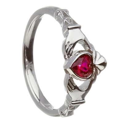 Sterling Silver July Synthetic Ruby Birthstone Claddagh Ring 11mm