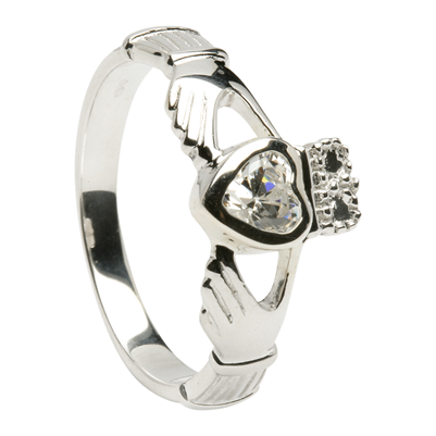 10k. White Gold April CZ Birthstone Claddagh Ring SPECIAL