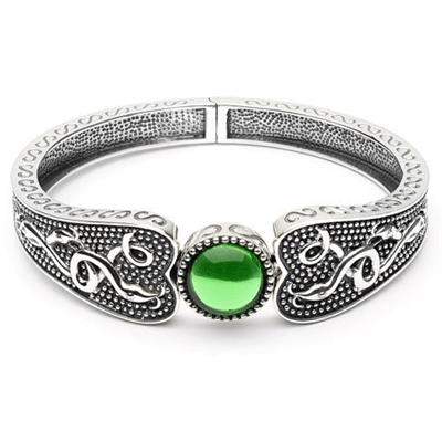 Sterling Silver (Oxidised) & Green Glass Stone Wide Celtic Bangle