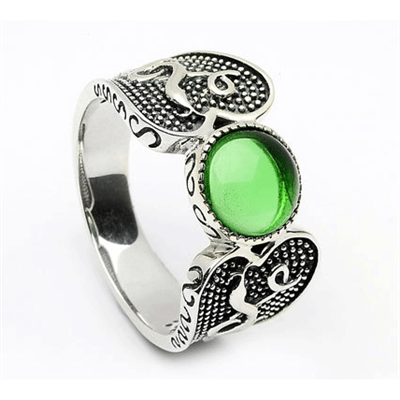 Sterling Silver (Oxidised) With Green Glass Stone Celtic Ring