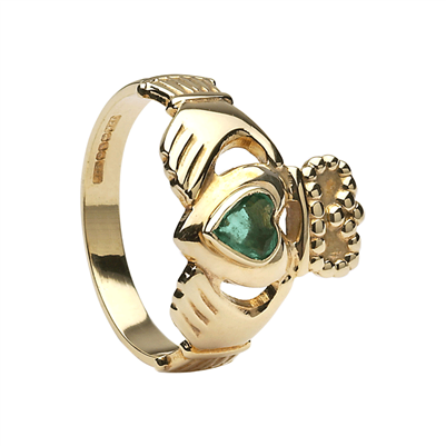 10k Yellow Gold Heart Shaped Emerald Claddagh Ring 13mm