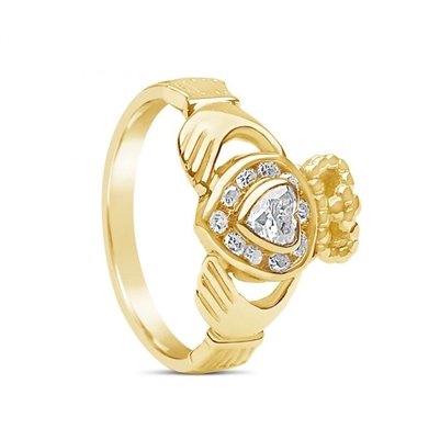 10k Yellow Gold Diamond Claddagh Ring 12.4mm