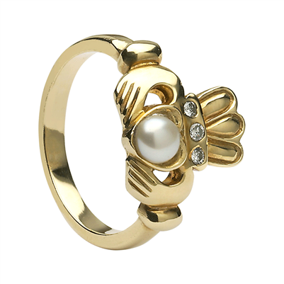 14k Yellow Gold Antique Style Pearl & Diamond Claddagh Ring