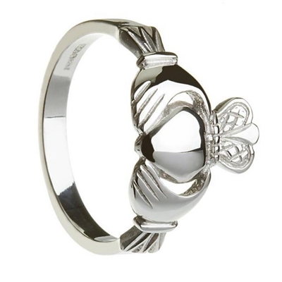 14k White Gold No.4 Style Ladies Claddagh Ring 13.4mm