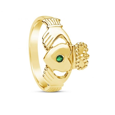 14k Yellow Gold Men's Emerald Claddagh Ring 14mm