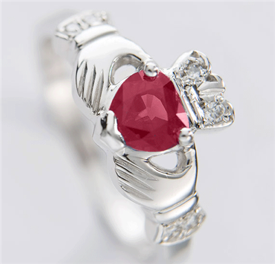 14k White Gold Ladies Heart Shaped Ruby Claddagh SPECIAL