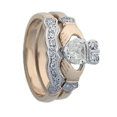 14k Yellow Gold Diamond Claddagh Engagement and Wedding Ring Set