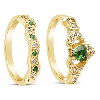 14k Yellow Gold Emerald Set Heart Claddagh Ring & Wedding Ring Set