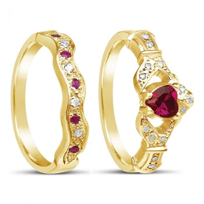 14k Yellow Gold Ruby Set Heart Claddagh Ring & Wedding Ring Set
