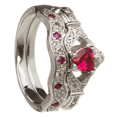 14k White Gold Ruby Set Heart Claddagh Ring & Wedding Ring Set