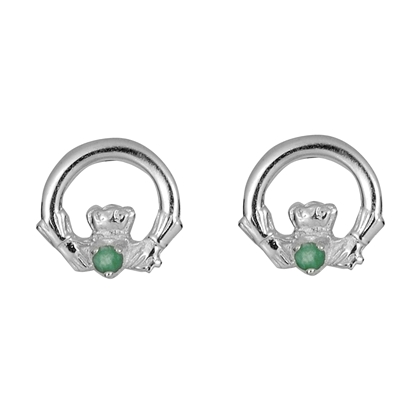 Sterling Silver Emerald Set Stud Claddagh Earrings