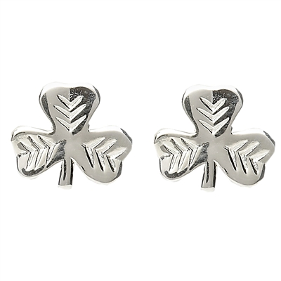 Sterling Silver Shiny Shamrock Leaf Pattern Stud Celtic Earrings