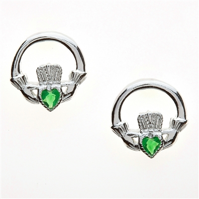 Sterling Silver Green CZ Stud Round Claddagh Earrings