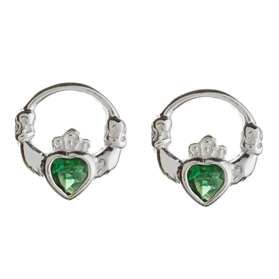 Sterling Silver Green CZ Stud Claddagh Earrings