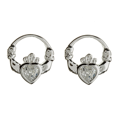 Sterling Silver CZ Stud Claddagh Earrings