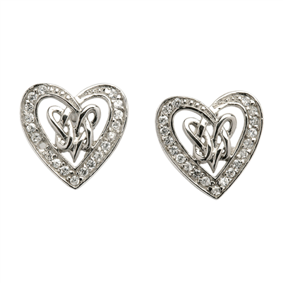Sterling Silver CZ Pave Double Heart Celtic Earrings