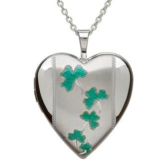 Sterling Silver Green Enamel Shamrock Small Heart Celtic Locket
