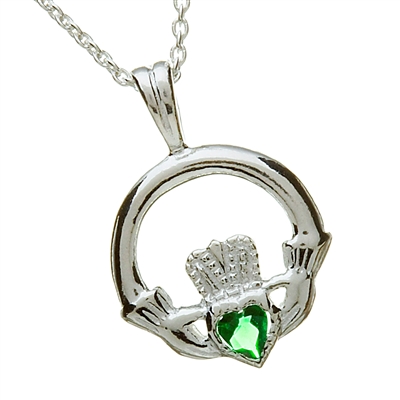 Sterling Silver With Green CZ Heart Claddagh Pendant