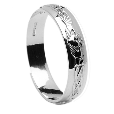 14k White Gold Men's Claddagh Celtic Wedding Ring 5.5mm