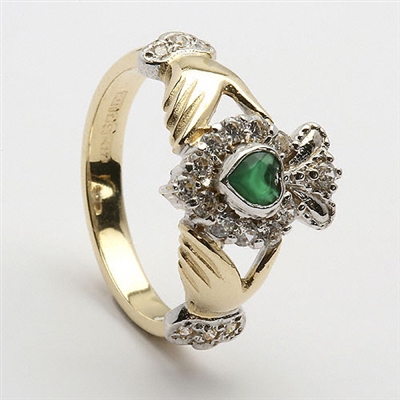 14k Yellow Gold Diamond and Emerald Claddagh Ring 13mm