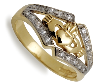 14k Yellow Gold Diamond Claddagh Ring