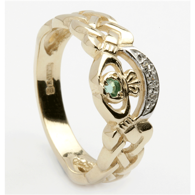 14k Yellow Gold Nua Celtic Diamond and Emerald Claddagh Ring